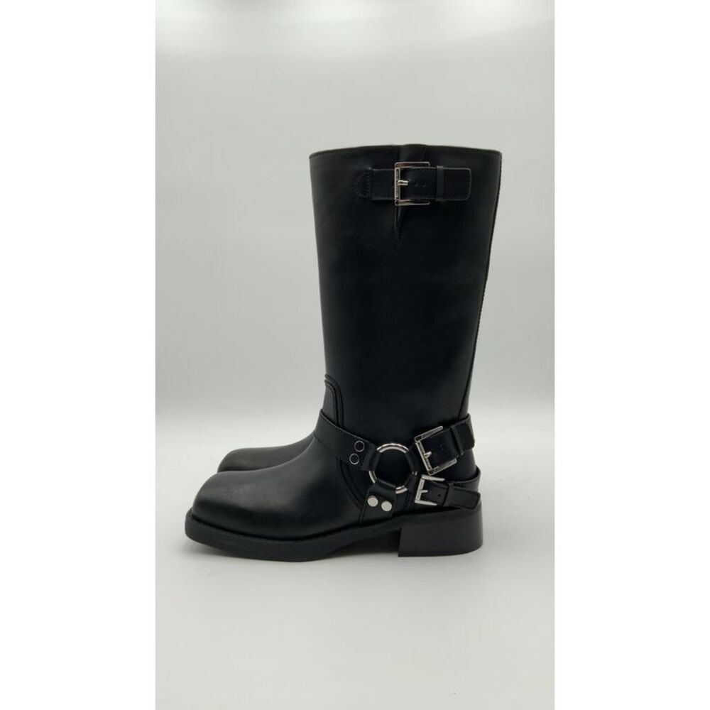 Michael Kors Black Leather Buckle Harness Knee Boots